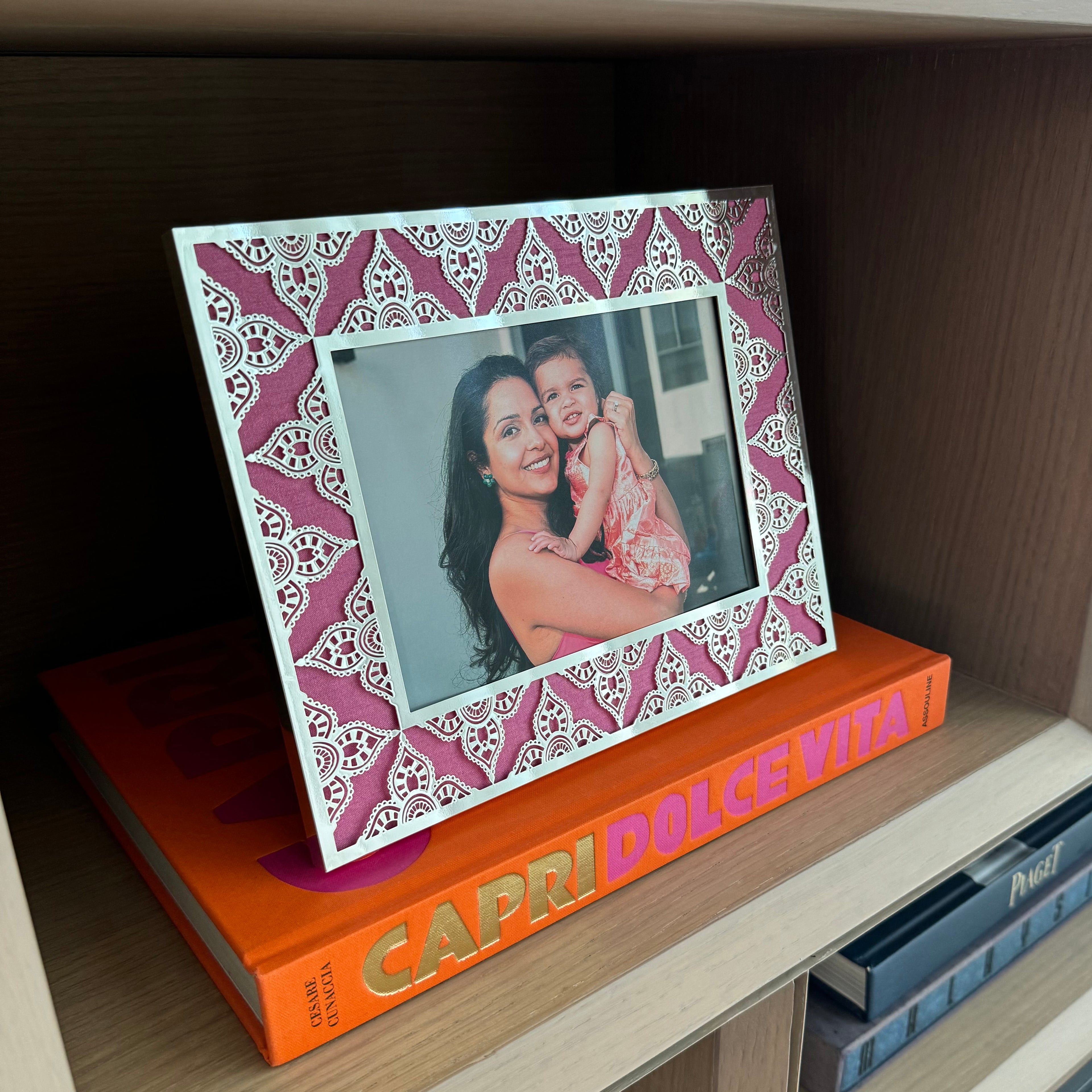 Aqua Pink Indian Floral Silver Photo Frame (5R)
