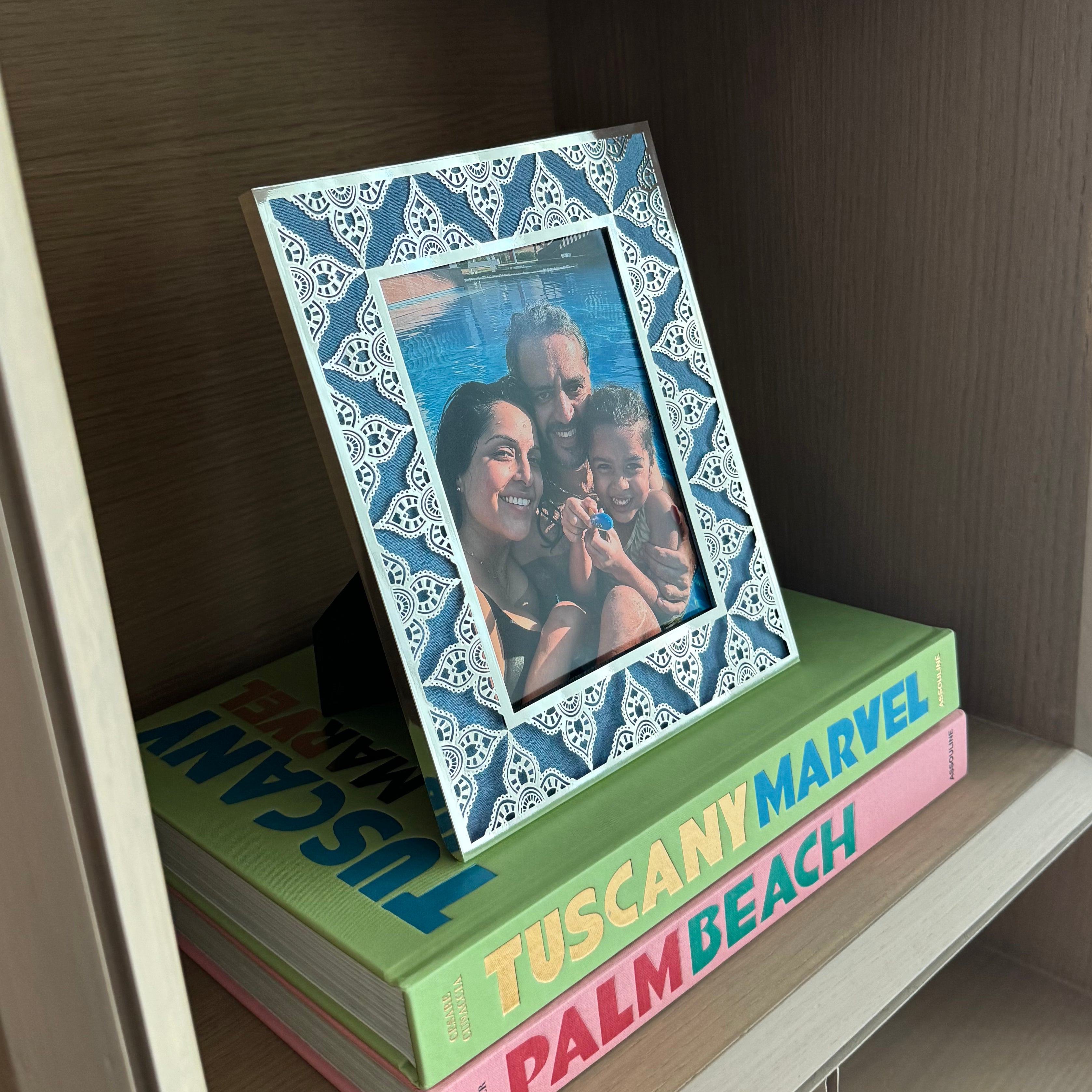 Aqua Blue Indian Floral Silver Photo Frame (5R)