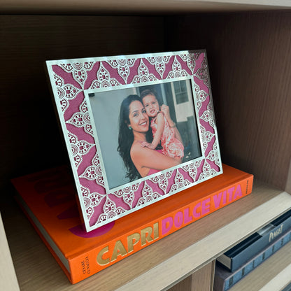 Aqua Pink Indian Floral Silver Photo Frame (5R)